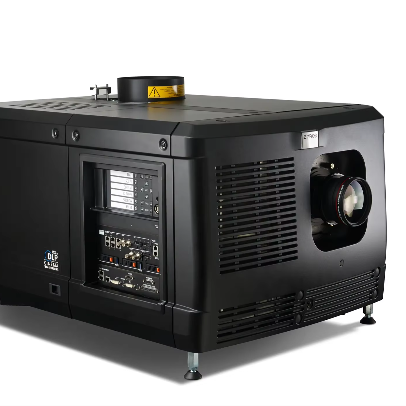 Front and control-panel view of a Barco DP2K-23B digital cinema projector.
