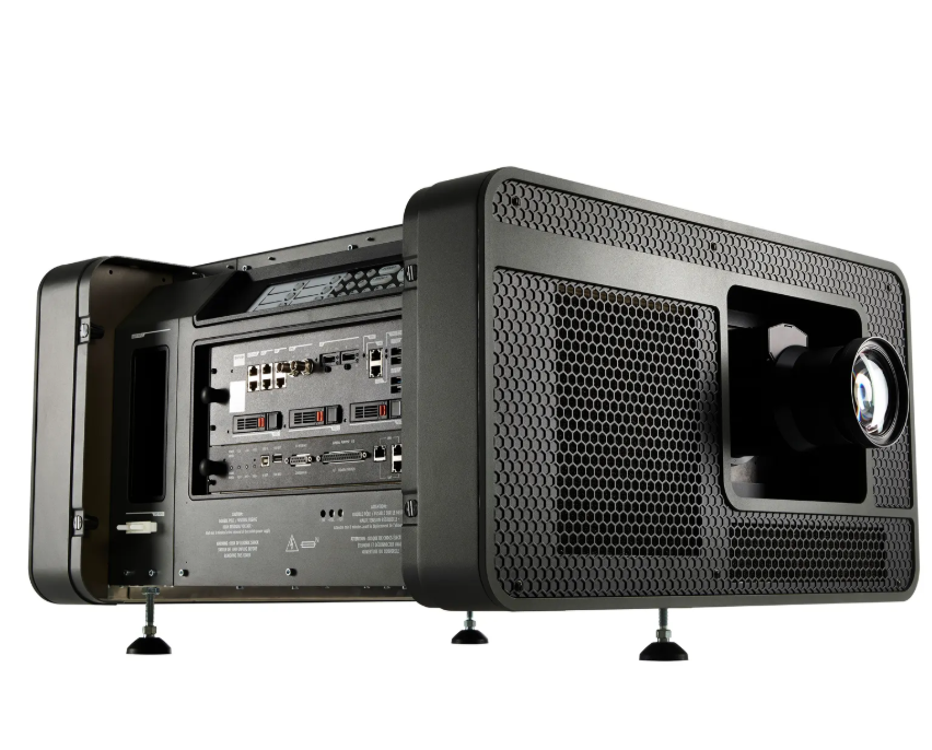 Rear and lens-side view of a Barco DP2K-6E digital cinema projector.