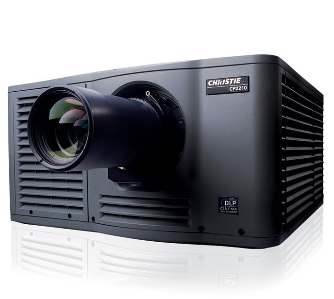Front three-quarter view of a Christie CP2210 digital cinema projector with projection lens.