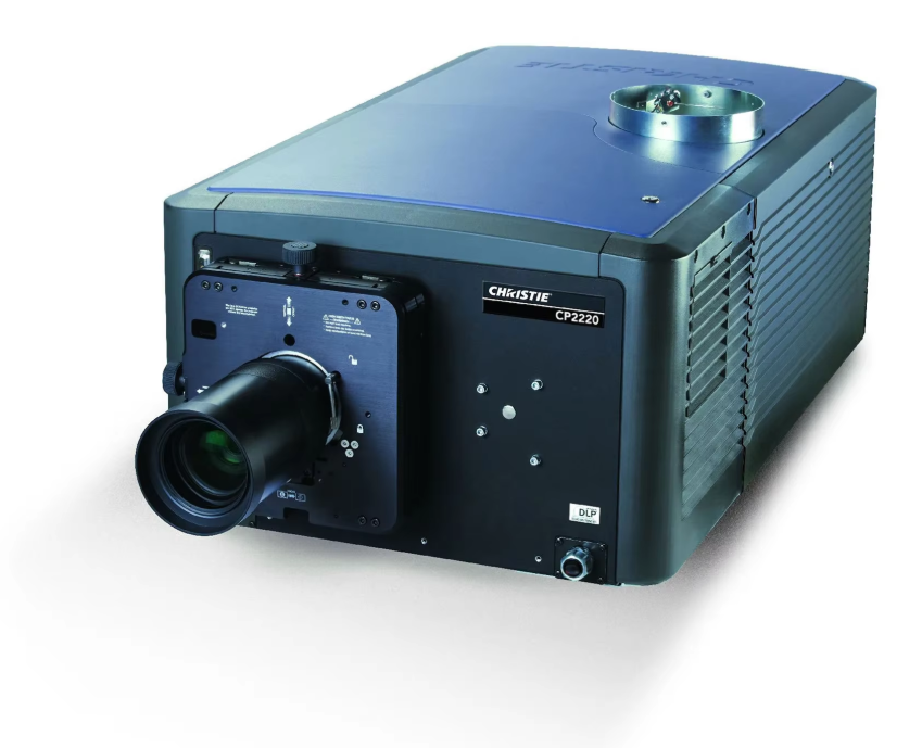 Front three-quarter view of a Christie CP2220 digital cinema projector with projection lens.