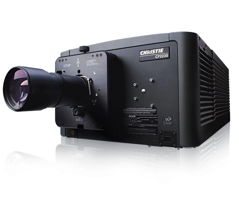 Front three-quarter view of a Christie CP2230 digital cinema projector with projection lens.