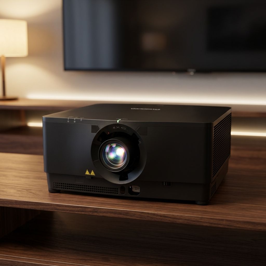 Front three-quarter view of a Christie D20WU-HS laser projector.