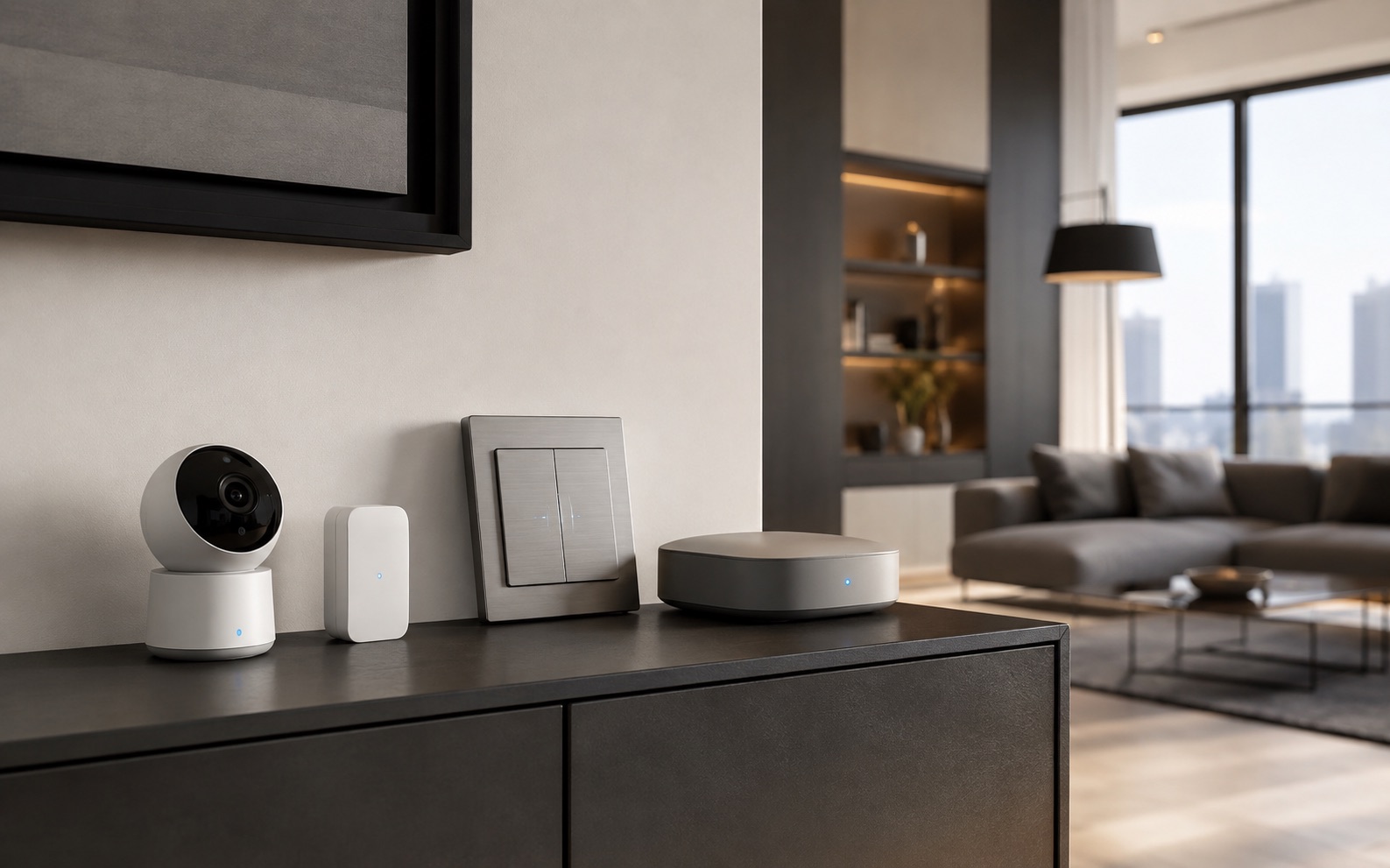 Unbranded smart security, sensor, lighting control, and connected home devices in a modern apartment.