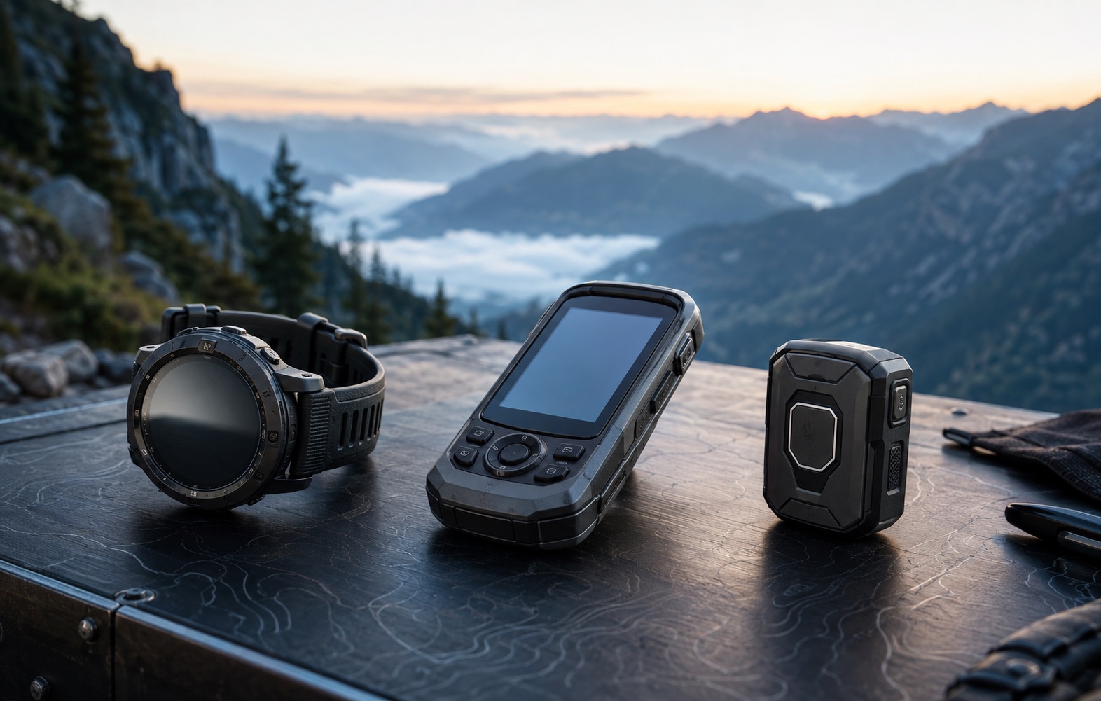 Rugged smartwatch and portable navigation devices prepared for an outdoor product review.