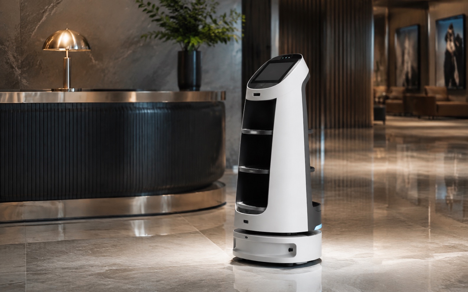 Commercial service robot operating in a refined international hospitality lobby.