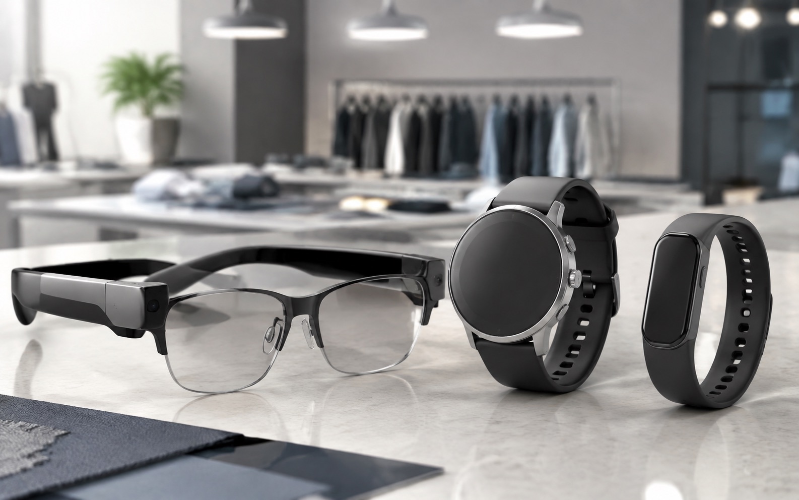 Unbranded smart glasses, smartwatch, and smart bracelet arranged as a buyer sample set.